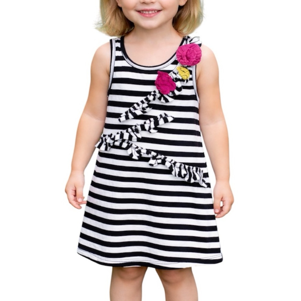 Baby girl black white striped flower appliqué ruffle dress